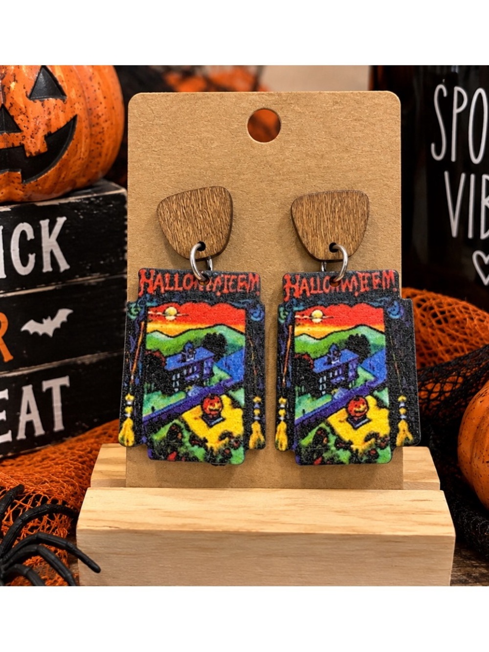 Halloween Town Wood Earrings, featuring a festive, colorful design